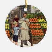 bedrijf, fruitstandaard met kruidenierswaren keramisch ornament (Voorkant)