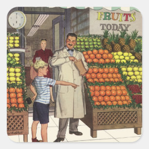  bedrijf, fruitstandaard met kruidenierswaren vierkante sticker