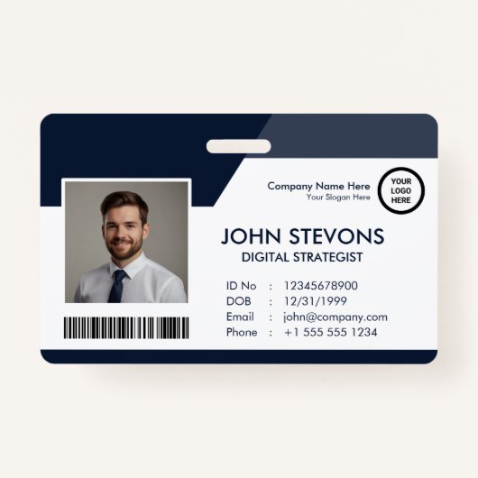 Bedrijf Logo Naam werknemer Navy Blue QR Code Badge (Voorkant)