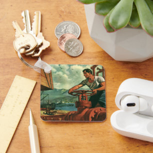 bedrijf, olietanker schip met dokwerker sleutelhanger