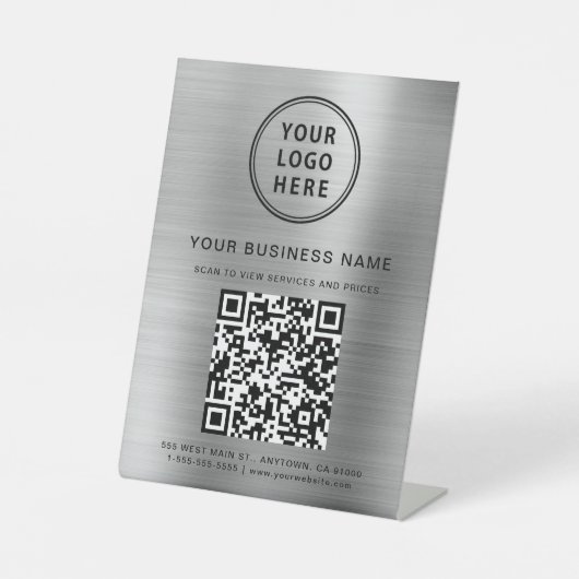 Bedrijfs Logo QR-code Silver Reclamebord Met Voetstuk (Voorkant)