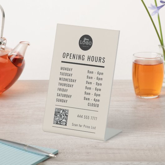 Bedrijfs Openingstijden Zwart op Beige Logo QR Cod Reclamebord Met Voetstuk (Insitu)