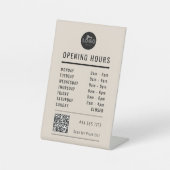 Bedrijfs Openingstijden Zwart op Beige Logo QR Cod Reclamebord Met Voetstuk (Voorkant)