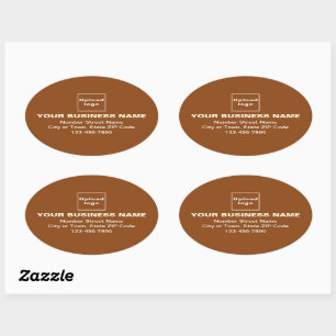 Bedrijfsadres en telefoonnummer op bruin ovale sticker