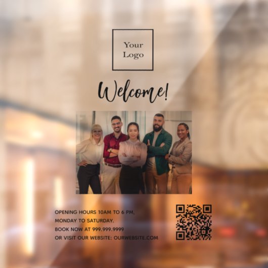 Bedrijfslogo foto welkom openingsuren QR-code Raamsticker (Vel 2)