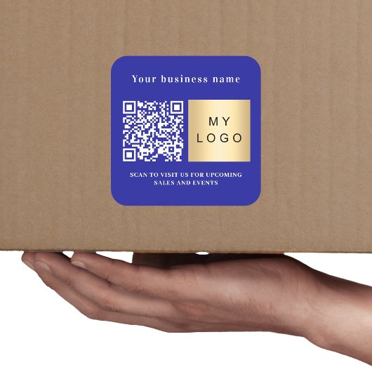 Bedrijfsnaam donkerblauw logo qr code vierkante sticker