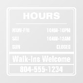 Bedrijfsuren openingsuren Loop In Telefoonnummer Raamsticker (Vel)