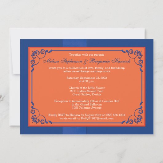 BEDRUKT LINT Blauw, Sinaasappel Bloemen Bruiloft U Kaart (Achterkant)