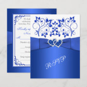 BEDRUKT LINT blauw, wit bloemen, harten RSVP (Voorkant / Achterkant)