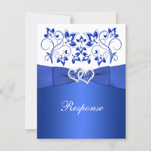 BEDRUKT LINT blauw, wit bloemen, harten RSVP Kaartje