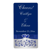 BEDRUKT LINT Blauw, Zilver Bruiloft Wijn Label (Voorkant)