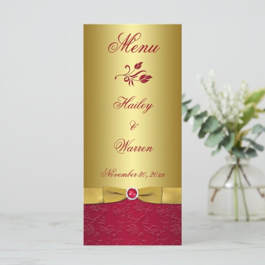 BEDRUKT LINT Rood, Goud Bloemen Menu Kaart (Staand voorkant)