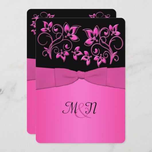 BEDRUKT LINT Zwart, Roze Bloemen Bruiloft Uitnodig Kaart (Voorkant / Achterkant)