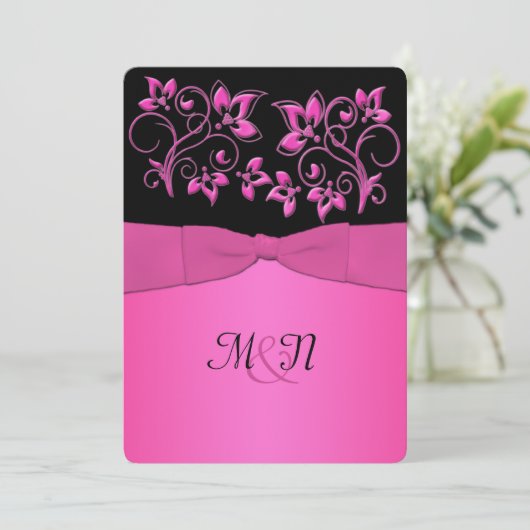 BEDRUKT LINT Zwart, Roze Bloemen Bruiloft Uitnodig Kaart (Staand voorkant)