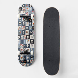 Bedrukte Denim Patchwork Schedels Bloemen Skateboard