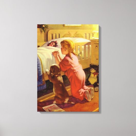 Bedtime Prayers, meisje met puppy,  religie Canvas Afdruk (Voorkant)