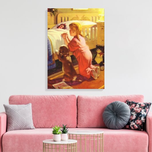Bedtime Prayers, meisje met puppy,  religie Canvas Afdruk (Insitu (Woonkamer))