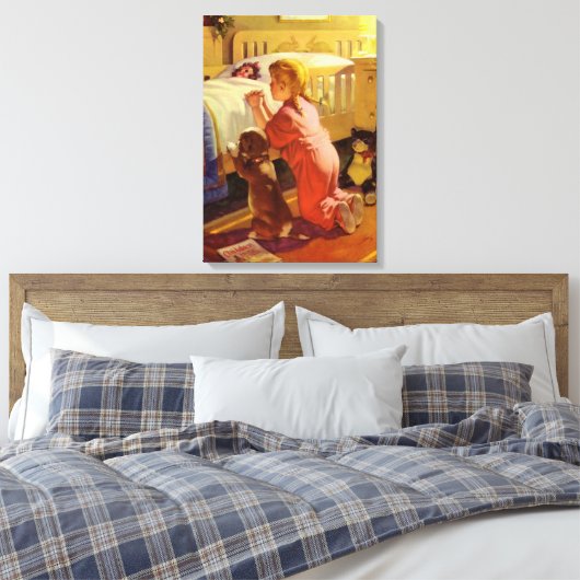 Bedtime Prayers, meisje met puppy,  religie Canvas Afdruk (Insitu (Slaapkamer))