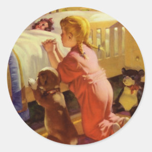 Bedtime Prayers, meisje met puppy,  religie Ronde Sticker