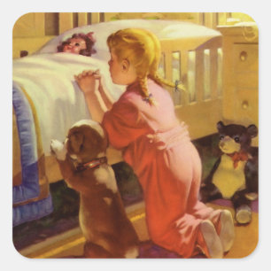 Bedtime Prayers, meisje met puppy, religie Vierkante Sticker