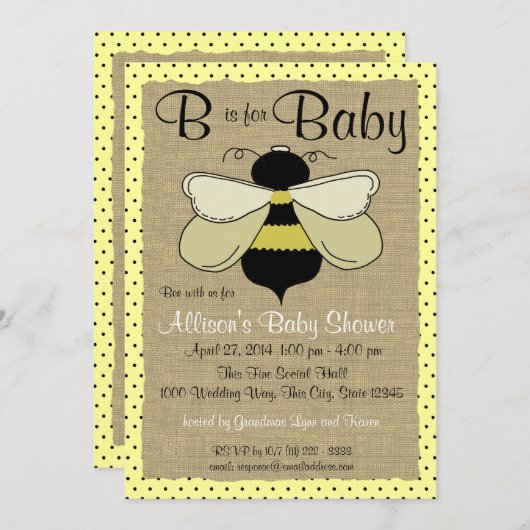 Bee and Burlap Baby shower Kaart (Voorkant / Achterkant)