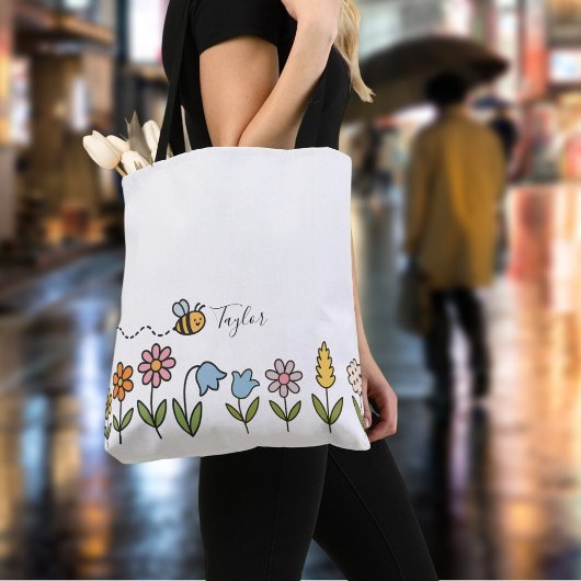 Bee and Colorful Flowers Personalized Gift Draagtas