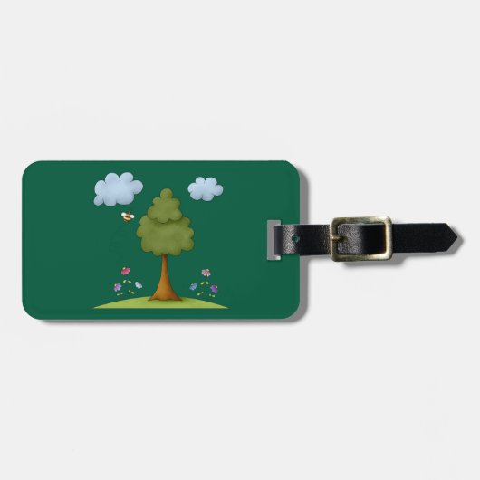 Bee and Tree Natuur Scene met Bloemen en Wolken Bagagelabel (Voorkant horizontaal)