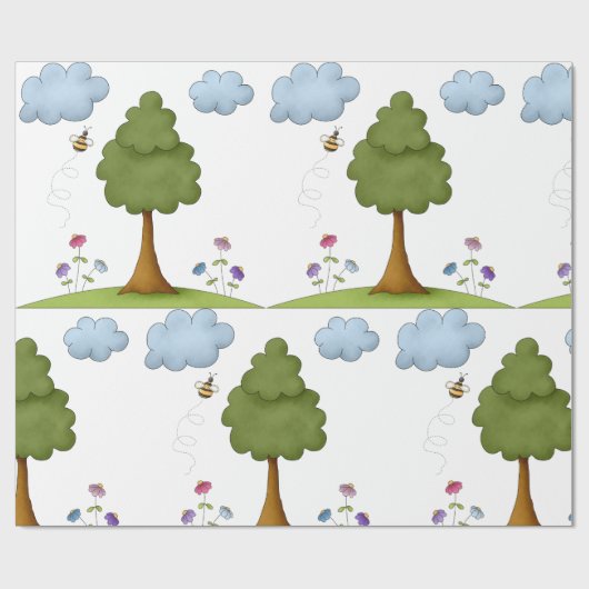 Bee and Tree Natuur Scene met Bloemen en Wolken Cadeaupapier (Vlak)