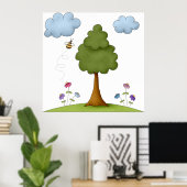 Bee and Tree Natuur Scene met Bloemen en Wolken Poster (Thuiskantoor)