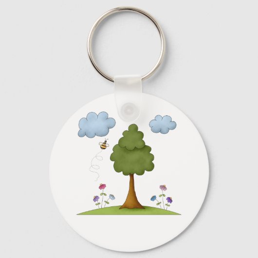 Bee and Tree Natuur Scene met Bloemen en Wolken Sleutelhanger (Voorkant)