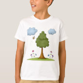 Bee and Tree Natuur Scene met Bloemen en Wolken T-shirt (Voorkant)