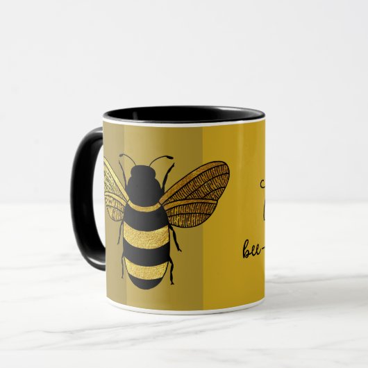 BEE-AUTIFUL DAG TEKSTBUMBLE WORDT ZWART GOLD GEEL MOK (Voorkant links)