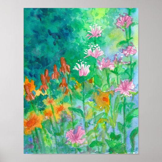 Bee Balm Roze Waterverf Bloem Tuin Poster (Voorkant)