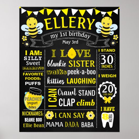 Bee Birthday Party chalkboard poster (Voorkant)