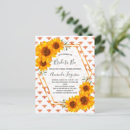 Bee Bride fleurs de soleil rose or invitation (Debout devant)