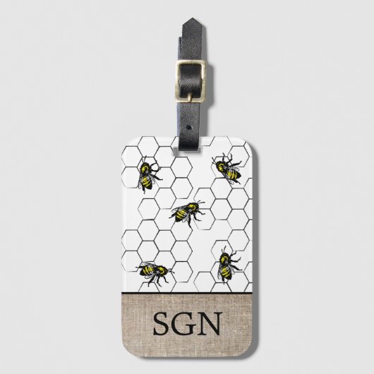 Bee en Honeycomb Faux Burlap | Monogram Bagagelabel (Voorkant (verticaal))