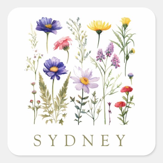  Bee en Wild Flowers modern Vierkante Sticker (Voorkant)