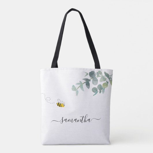 Bee eucalyptus groen witte naam script schattig draagtas (Achterkant)