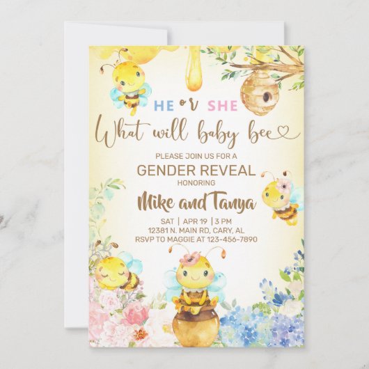 Bee gender reveal invite, bumblebee, honeybee. kaart (Voorkant)