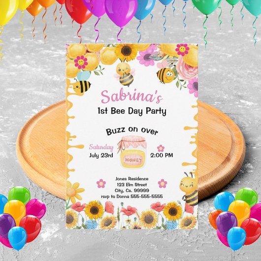 Bee Girls 1st Birthday Invitation