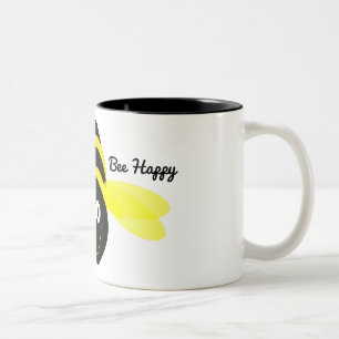 Bee Happy cartoon op een witte mok zwarte binnenka