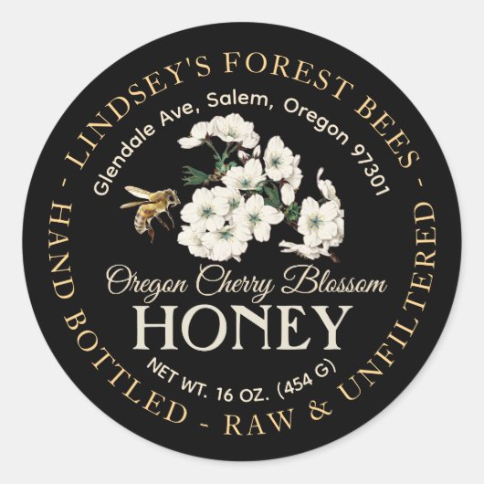  Bee Honey Label Hand gebotteld Raw Black (Voorkant)
