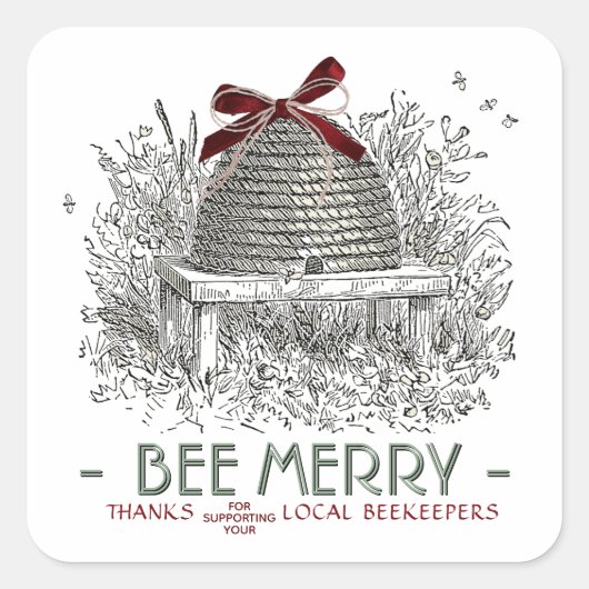 Bee Merry Holiday Sticker Skep. met Red Bow (Voorkant)