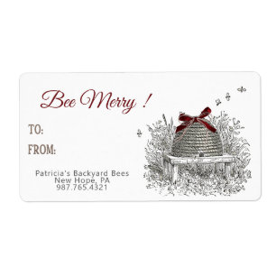 Bee Merry Honey Cadeaulabel Red Bow Skep Christmas Etiket
