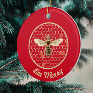 Bee Merry Royal Bee en Honeycomb op rood Keramisch Ornament