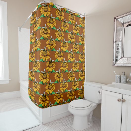 Bee on Sunflower Flower Pattern Design Brown  Douchegordijn (In situ)