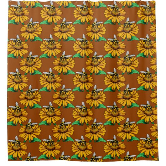 Bee on Sunflower Flower Pattern Design Brown  Douchegordijn (Voorkant)