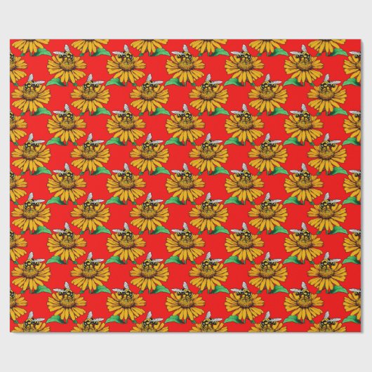 Bee on Sunflower Flower Pattern Design Red  Cadeaupapier (Vlak)