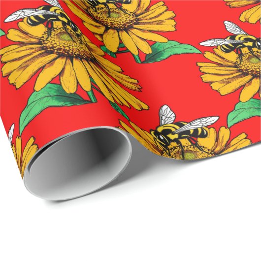 Bee on Sunflower Flower Pattern Design Red  Cadeaupapier (Rol Hoek)