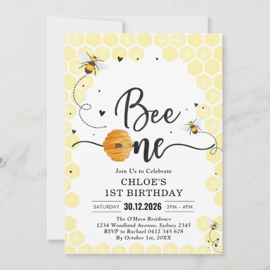 Bee One Honey Bee 1st Birthday Invitation Kaart (Voorkant)